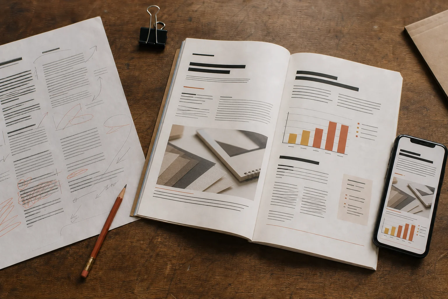 Social Impact Design for Nonprofits: Make Evidence Easier to Understand - Ije Africa An open impact report and its mobile version show a clear heading order, chart, source and caption areas beside an earlier marked-up page.