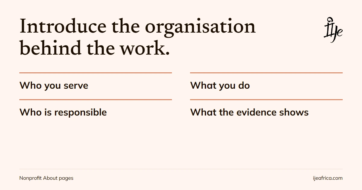 Introduce the organisation behind the work: who you serve, what you do, who is responsible and what the evidence shows.
