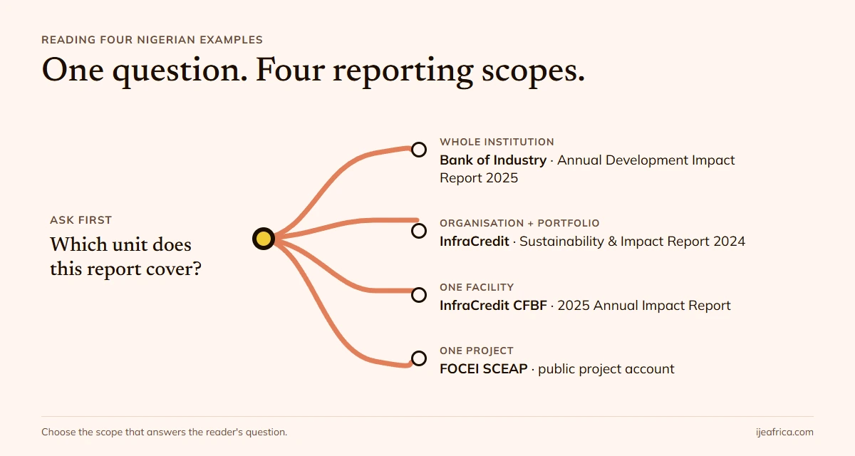 A branching terracotta line connects the question ‘Which unit does this report cover?’ to four examples: Bank of Industry at institution scale, InfraCredit at organisation and portfolio scale, its CFBF facility, and FOCEI SCEAP at project scale.