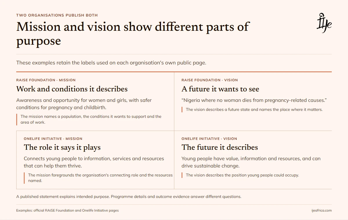 NGO Mission Statement Examples: Five Nigerian Organisations - Ije Africa Mission statements describe an organisation's stated purpose or role; vision statements describe a future it wants to see, illustrated with examples from RAiSE Foundation and Onelife Initiative.