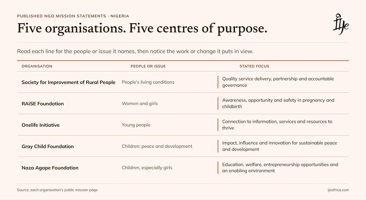 NGO Mission Statement Examples: Five Nigerian Organisations - Ije Africa Five Nigerian NGO mission statements foreground different people and aims: rural service and governance, women's safety, youth resources, peace and development, and children's education.